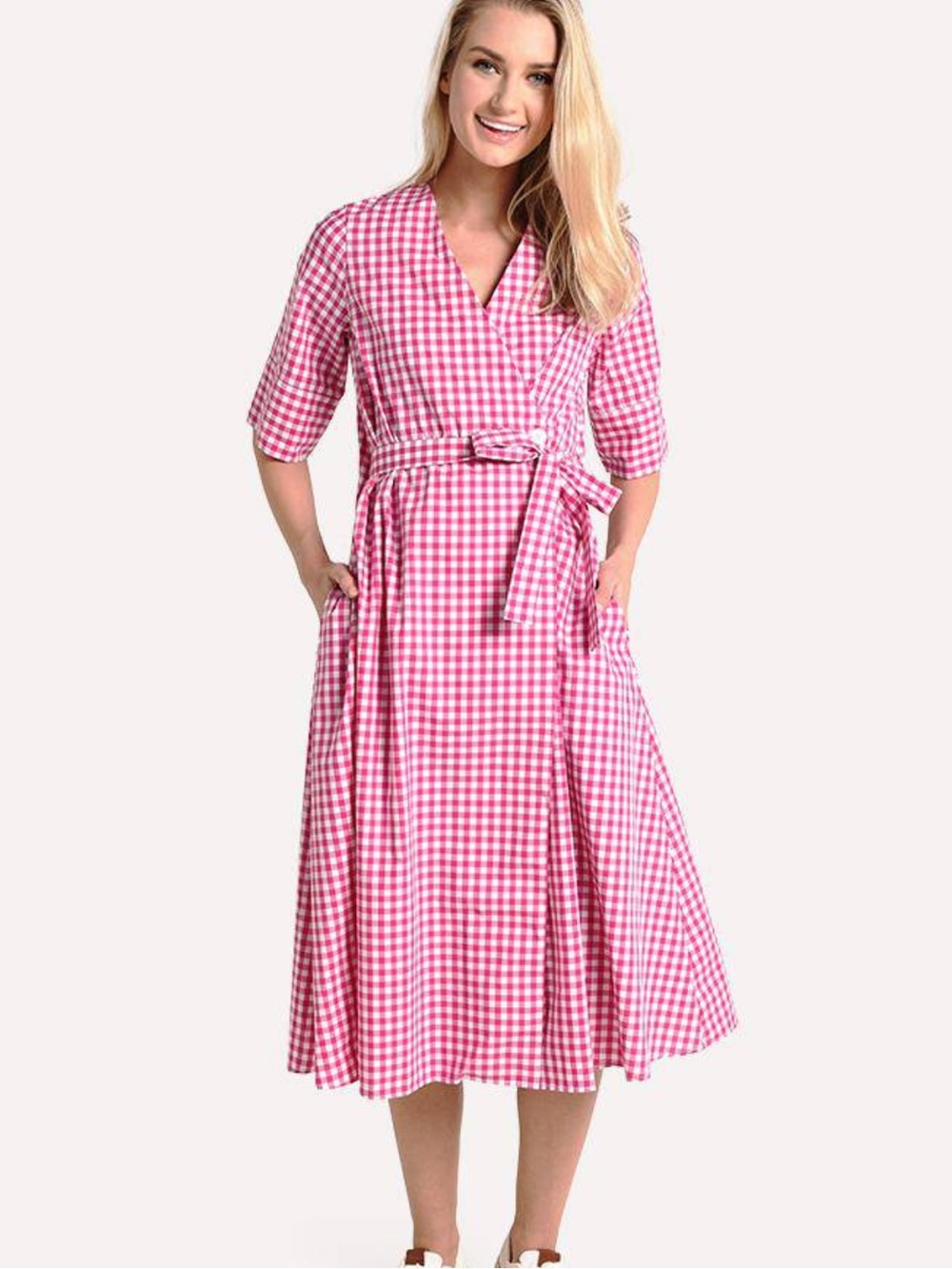 MDS Stripes pink gingham wrap Midi Dress Size 4